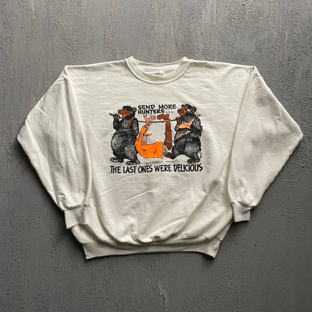 Vintage Send More Hunters Graphic Sweatshirt Mens XL White 90s Jerico